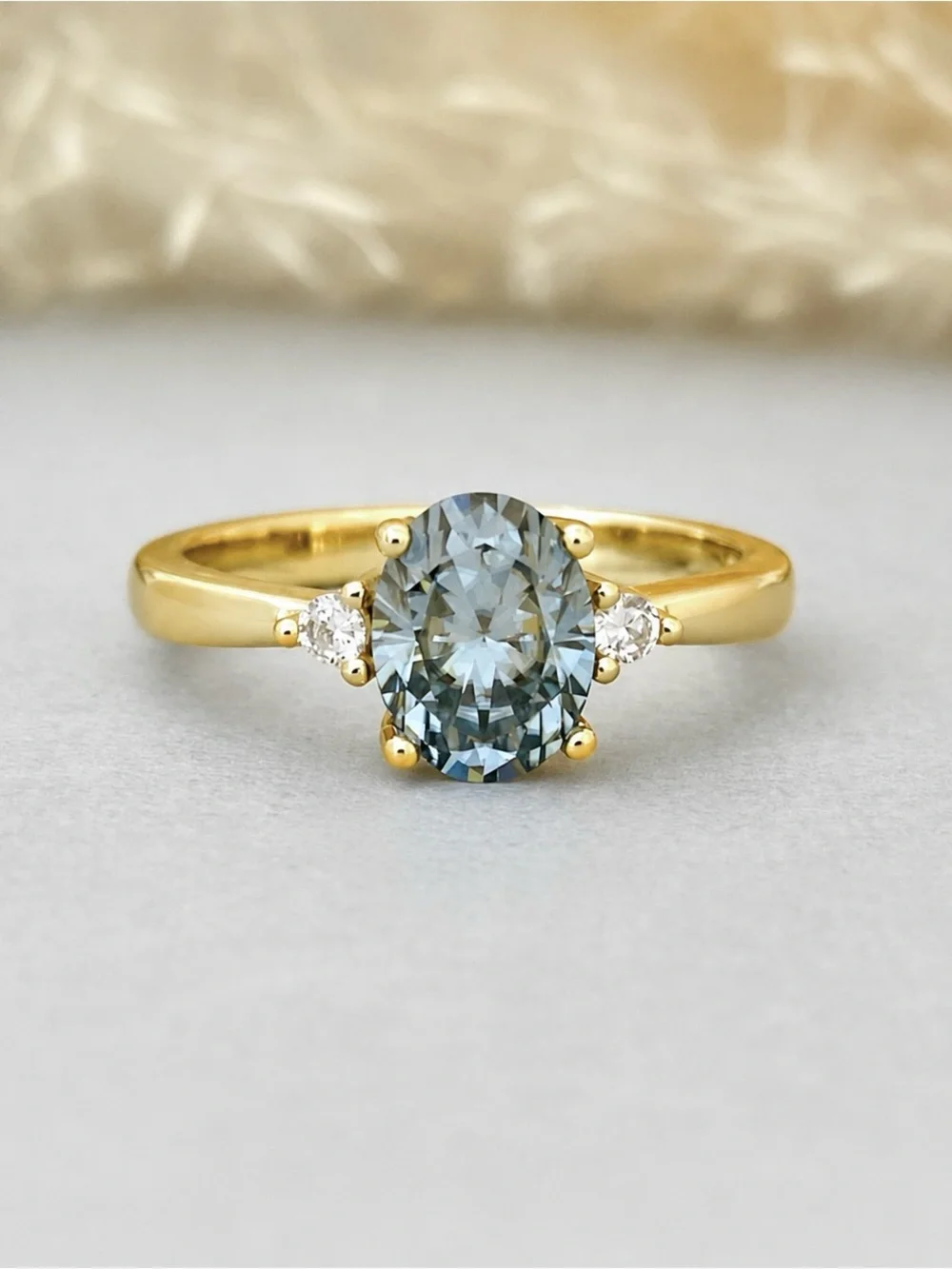 Gold Three Stone Oval Light Gray Blue Moissanite Diamond Sterling Silver Ring